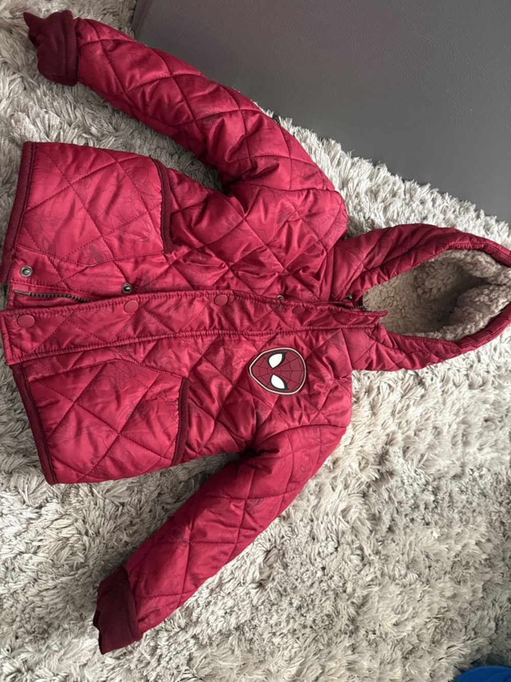 Like New!!! Spiderman Kids Quilted Red Hooded Jacket with Spider Emblem